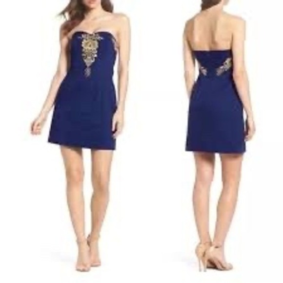 Lilly Pulitzer Navy Blue Strapless Gold Embroidered Cocktail Dress Size 6 - Picture 10 of 10